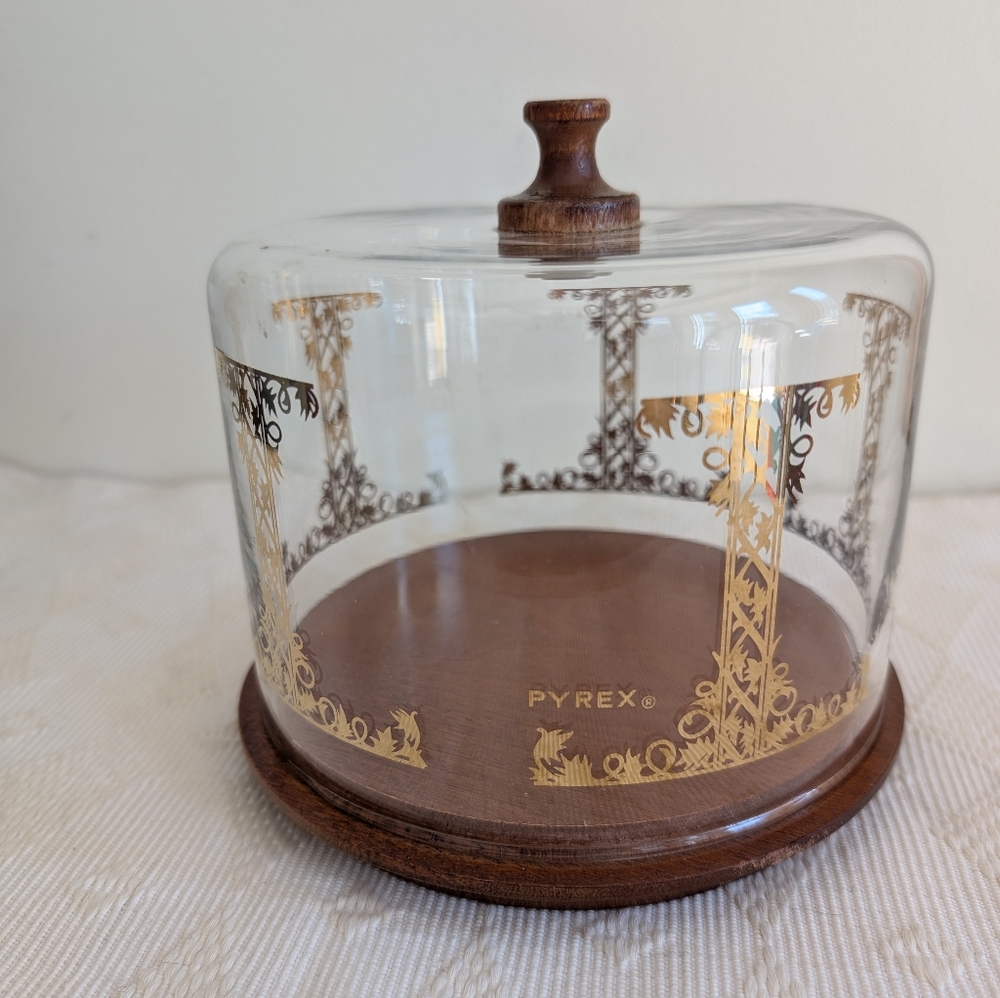 Pyrex Glass Dome (Cheese Dome) with Gold Accents and Brown Base